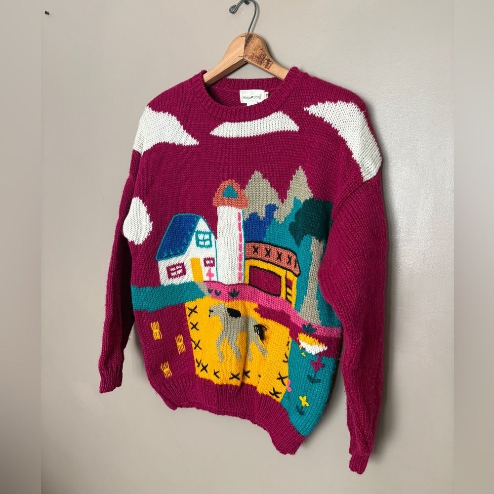 Vintage 80s WHITE STAG sweater knit farm scene folk art whimsical rare sz M EUC - Picture 9 of 16